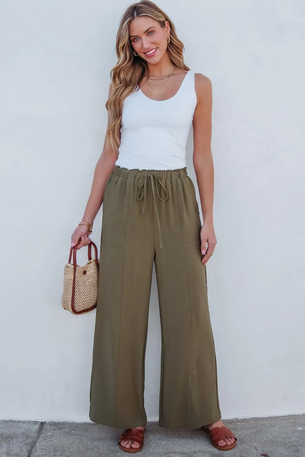 Dokotoo Women's Flowy Wide Leg Pants Casual Beach Pants High Waisted Drawstring Palazzo Trousers with Pockets