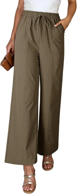 Dokotoo Women's Flowy Wide Leg Pants Casual Beach Pants High Waisted Drawstring Palazzo Trousers with Pockets