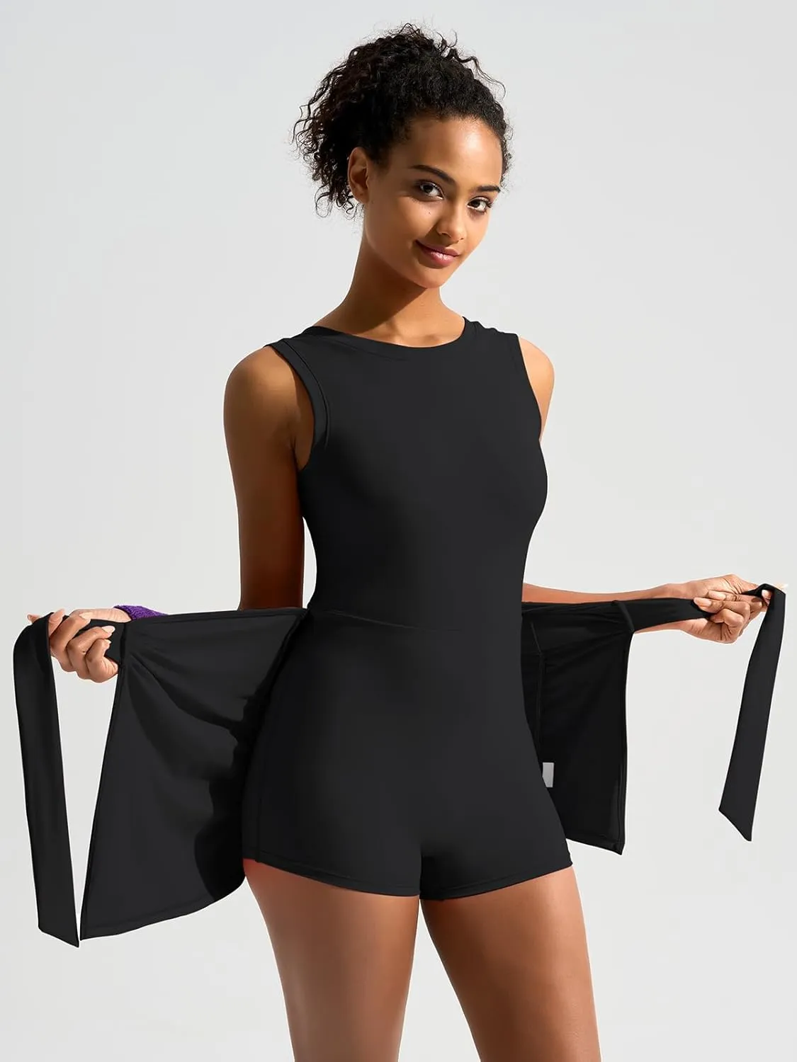 Dokuritu Tennis Dresses for Women Built in Shorts Crew Neck Sleeveless Golf Mini Dress Knot Backless Athletic Rompers