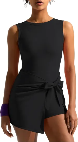 Dokuritu Tennis Dresses for Women Built in Shorts Crew Neck Sleeveless Golf Mini Dress Knot Backless Athletic Rompers