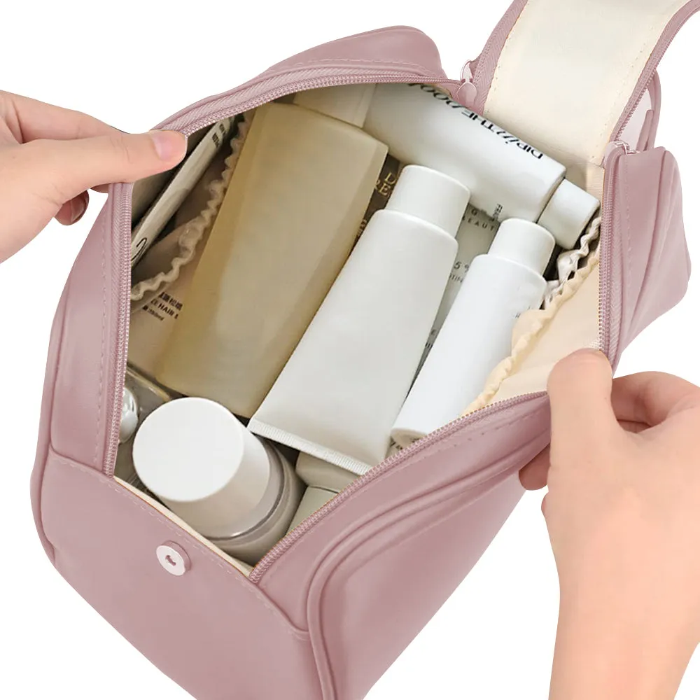 Double Zipper Cosmetic Bag Makeup Organizer Travel Toiletry Bag Pink