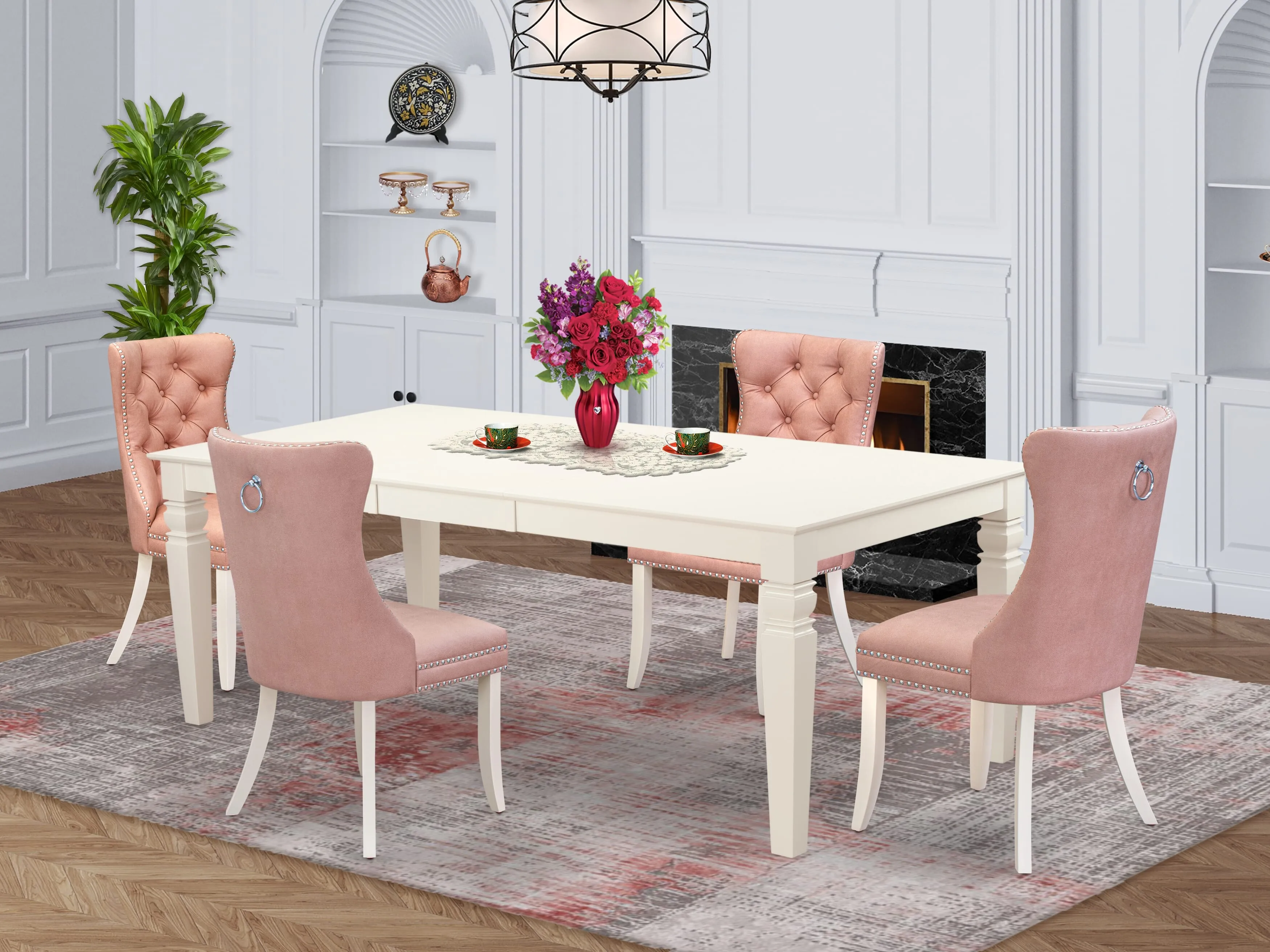 East West Furniture LGDA5-LWH-23 5 Piece Dining Room Set Contains a Rectangle Kitchen Table with Butterfly Leaf and 4 Upholstered Parson Chairs, 42x84 Inch, linen white