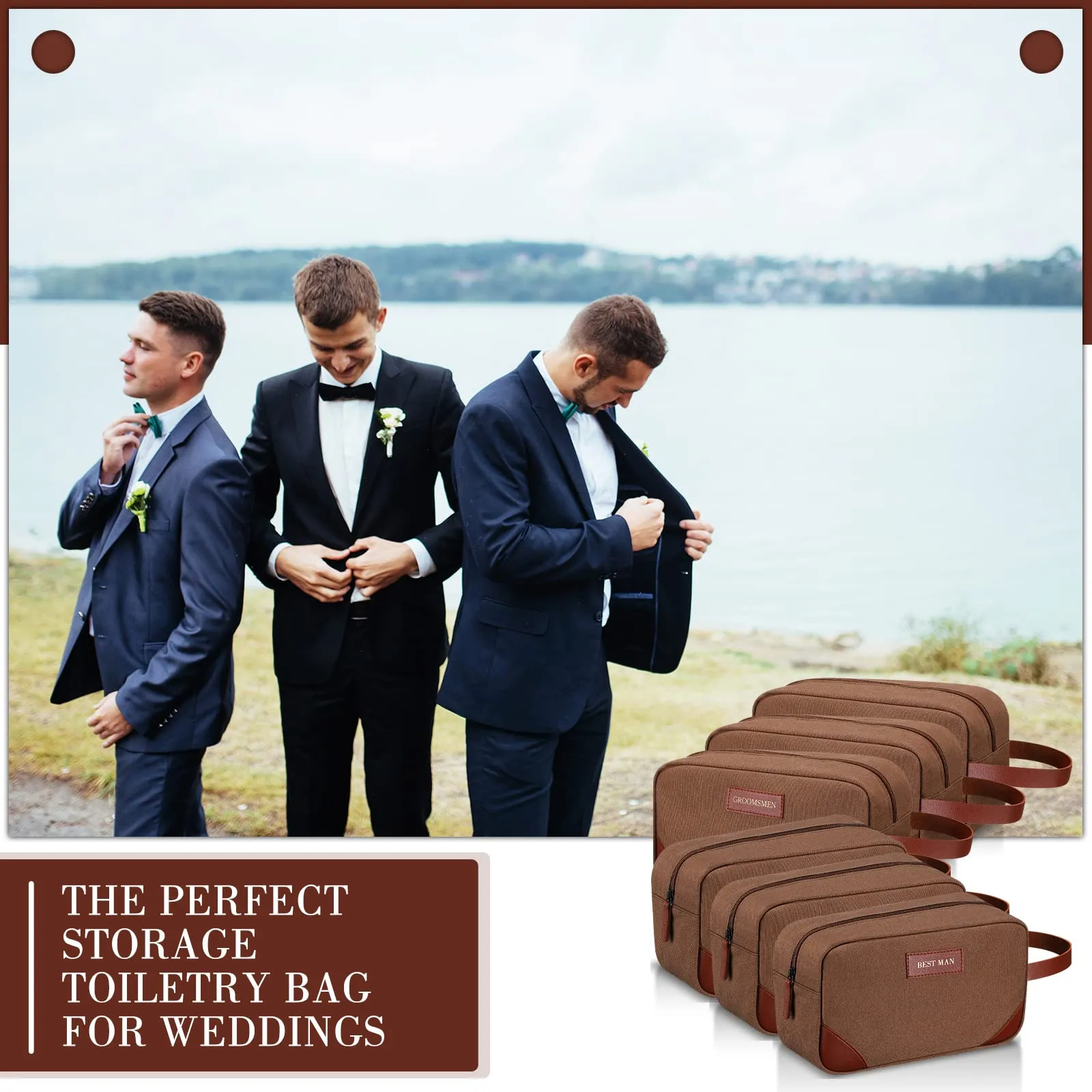 Eccliy 6 Set Groomsmen Gifts Men Toiletry Bags Men's Travel Shaving Kit Bag Bathroom Bag Water Resistant Toiletry Case for Wedding Groomsman Gift Travel Accessories (Brown)