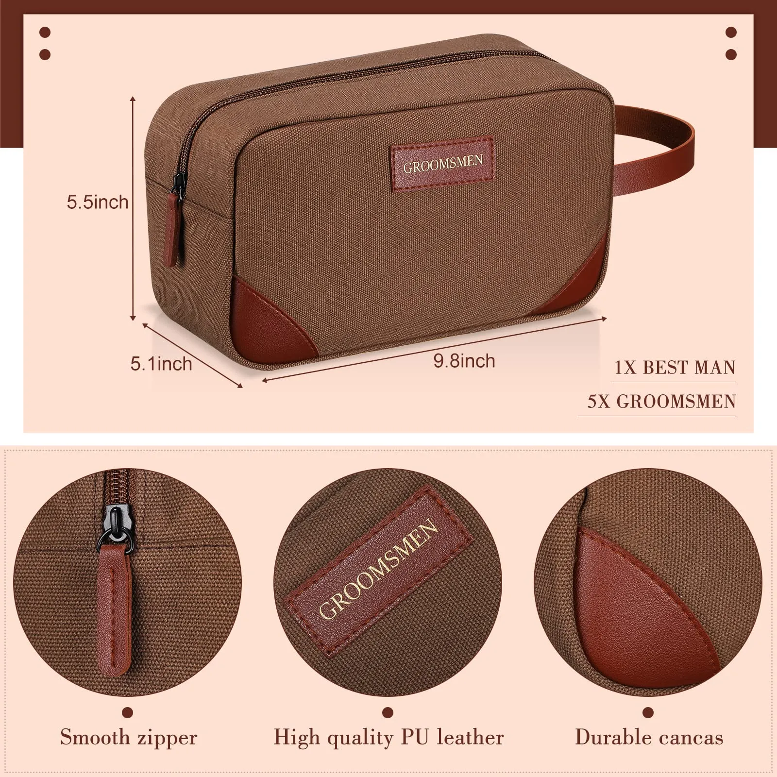 Eccliy 6 Set Groomsmen Gifts Men Toiletry Bags Men's Travel Shaving Kit Bag Bathroom Bag Water Resistant Toiletry Case for Wedding Groomsman Gift Travel Accessories (Brown)