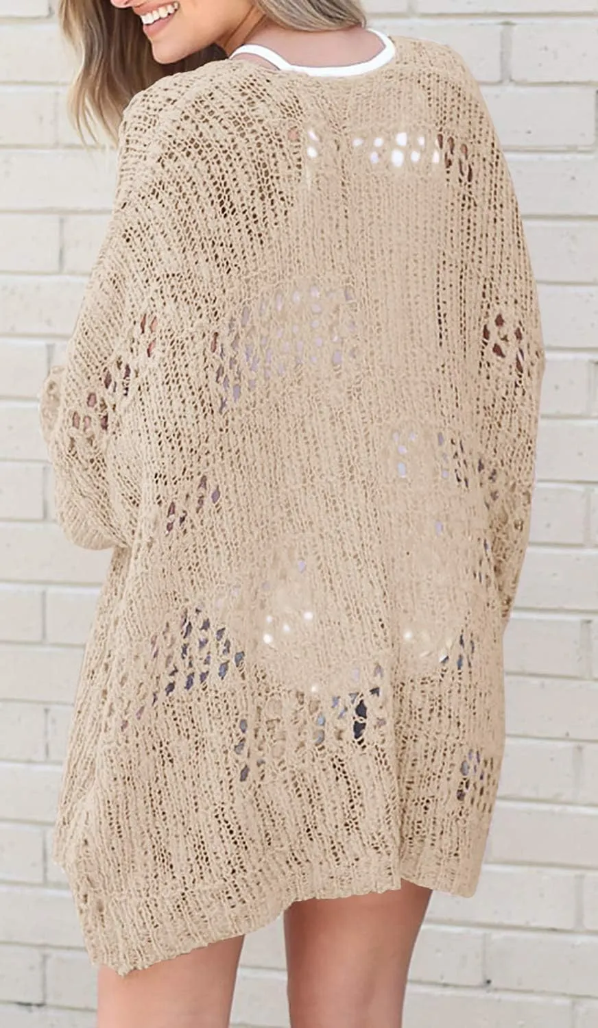 Ermonn Womens Crochet Cardigan Sweater Kimonos Boho Solid Color Oversized Fall Open Front Outwear