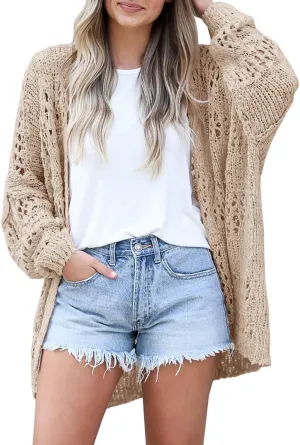 Ermonn Womens Crochet Cardigan Sweater Kimonos Boho Solid Color Oversized Fall Open Front Outwear