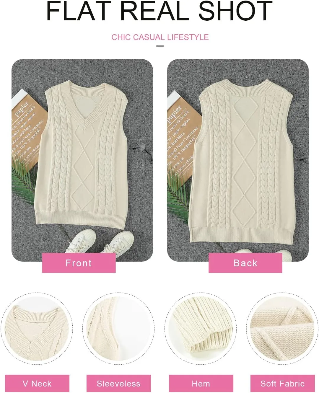 EVALESS Oversized Sweater Vest for Women V Neck Sleeveless Solid Color Loose Pullover Sweater