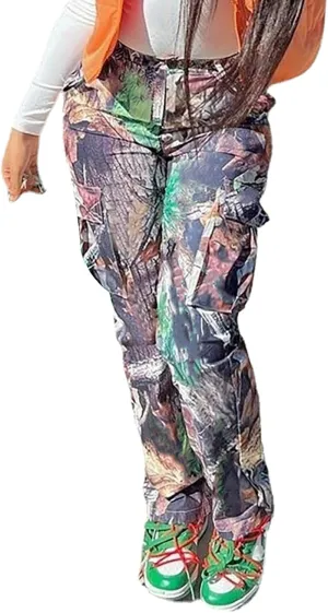 Famnbro Camo Pants Women Mid Waist Straight Leg Baggy Camouflage Cargo Pants Streetwear Trousers