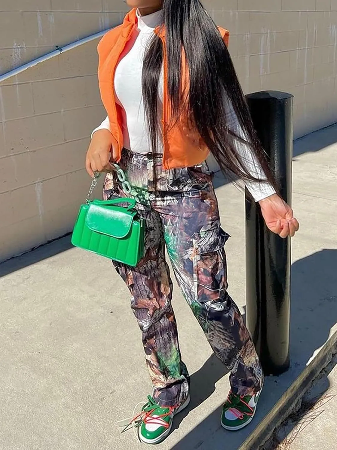 Famnbro Camo Pants Women Mid Waist Straight Leg Baggy Camouflage Cargo Pants Streetwear Trousers