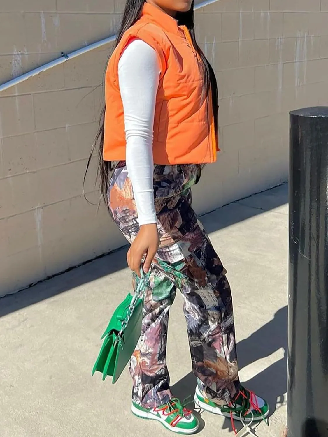Famnbro Camo Pants Women Mid Waist Straight Leg Baggy Camouflage Cargo Pants Streetwear Trousers
