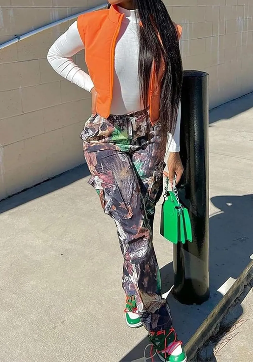 Famnbro Camo Pants Women Mid Waist Straight Leg Baggy Camouflage Cargo Pants Streetwear Trousers