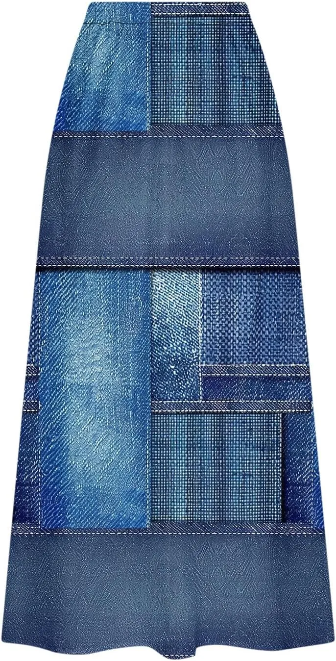 Fashion Skirts for Women Boho Graphic Trendy Beach Skirt Stretchy Pleated Plus Size Loose Western Skirt with Pocket