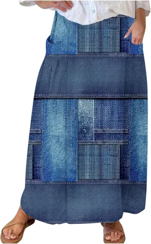 Fashion Skirts for Women Boho Graphic Trendy Beach Skirt Stretchy Pleated Plus Size Loose Western Skirt with Pocket