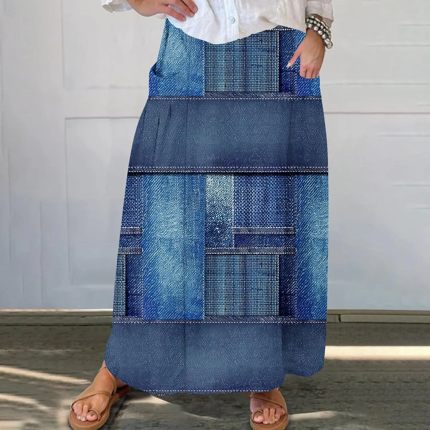 Fashion Skirts for Women Boho Graphic Trendy Beach Skirt Stretchy Pleated Plus Size Loose Western Skirt with Pocket