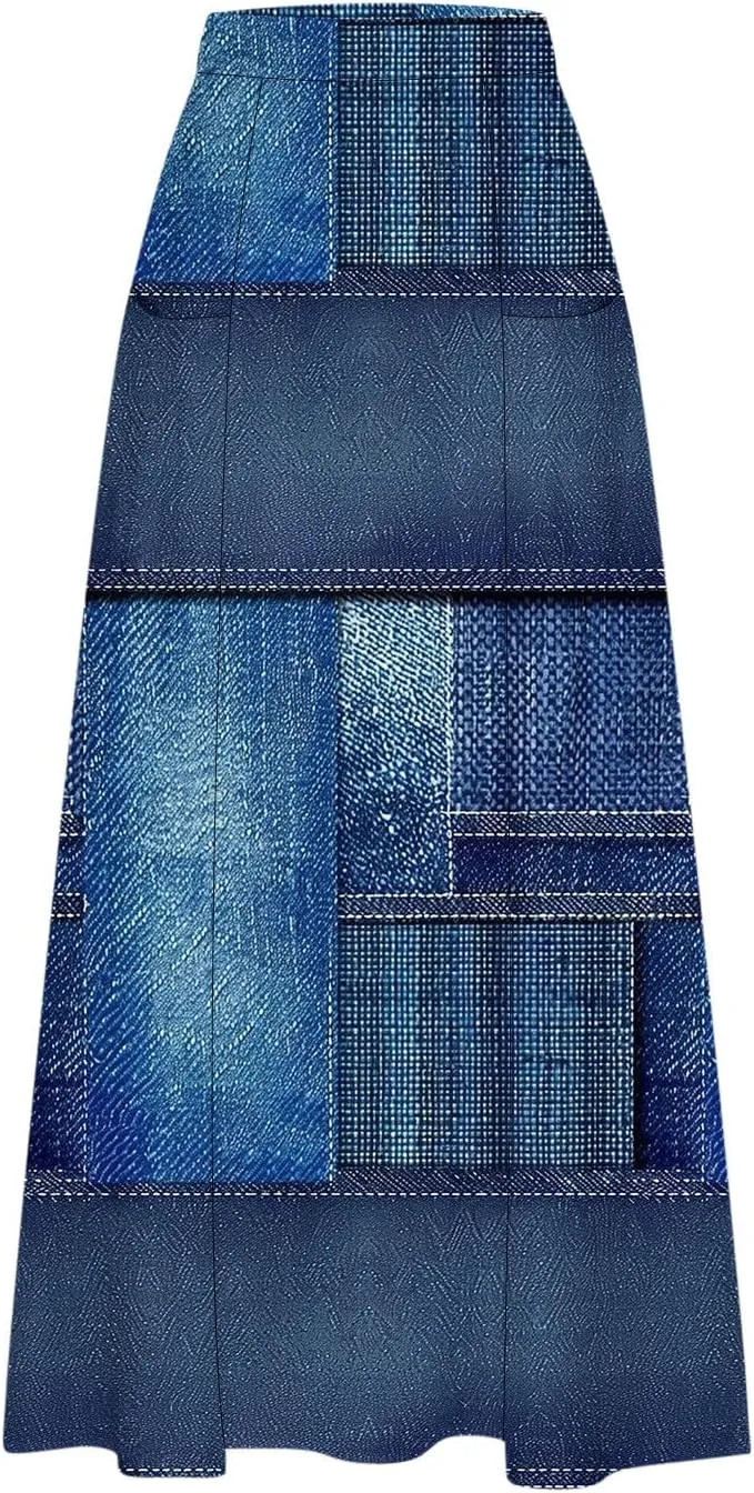 Fashion Skirts for Women Boho Graphic Trendy Beach Skirt Stretchy Pleated Plus Size Loose Western Skirt with Pocket