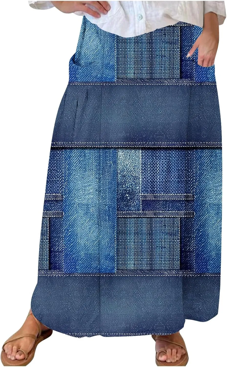 Fashion Skirts for Women Boho Graphic Trendy Beach Skirt Stretchy Pleated Plus Size Loose Western Skirt with Pocket