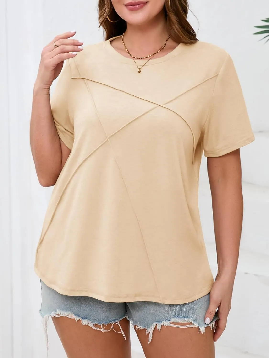 Fisoew Womens Plus Size Short Sleeve T Shirts Summer Casual Loose Fit Tees Crew Neck Curvy Tunic Tops