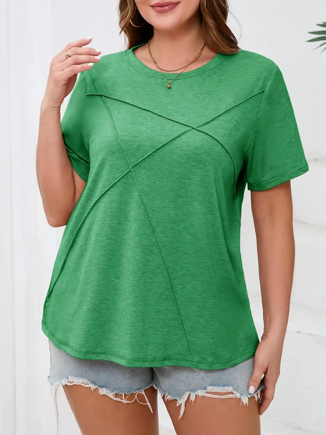 Fisoew Womens Plus Size Short Sleeve T Shirts Summer Casual Loose Fit Tees Crew Neck Curvy Tunic Tops