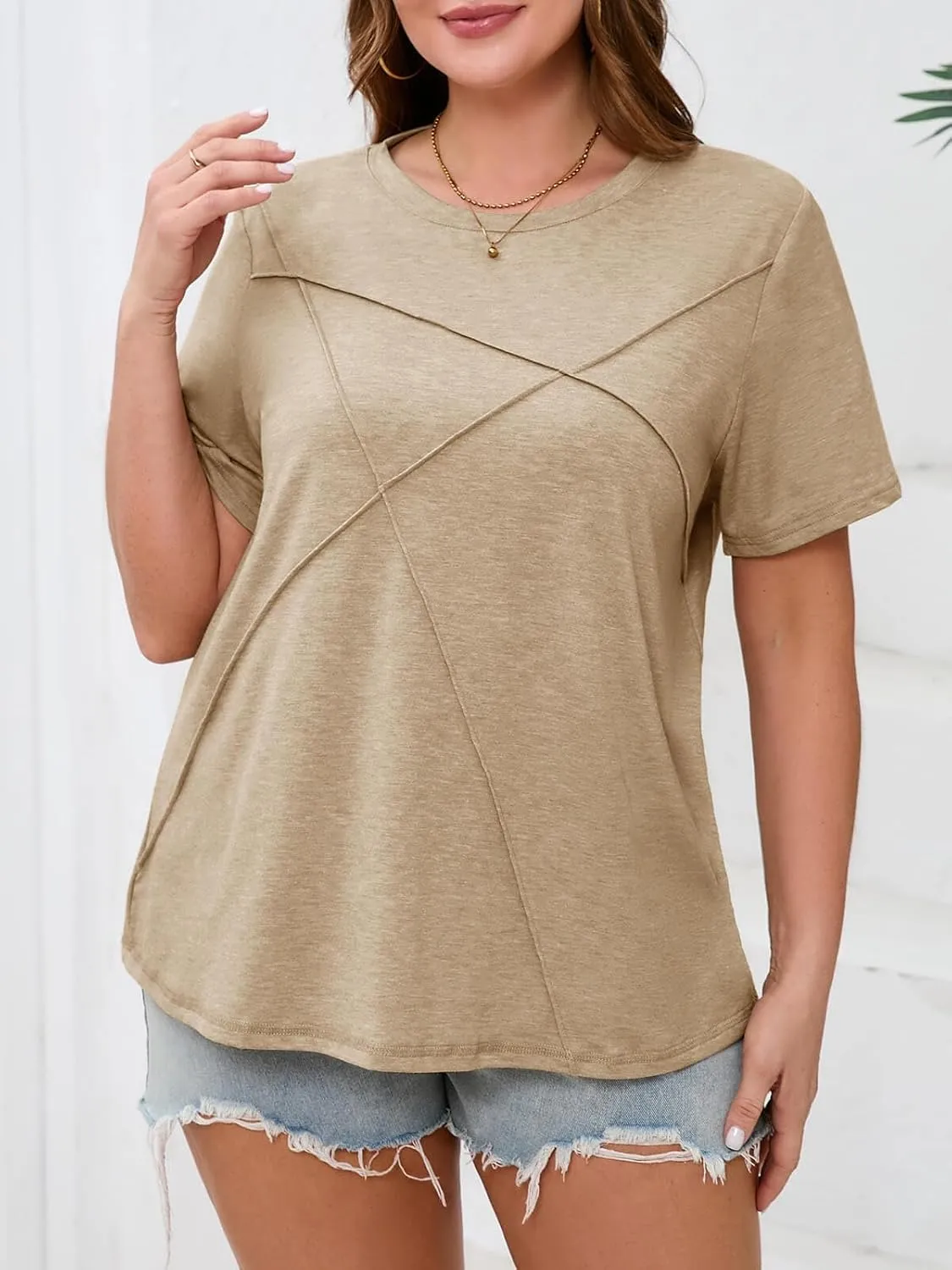 Fisoew Womens Plus Size Short Sleeve T Shirts Summer Casual Loose Fit Tees Crew Neck Curvy Tunic Tops