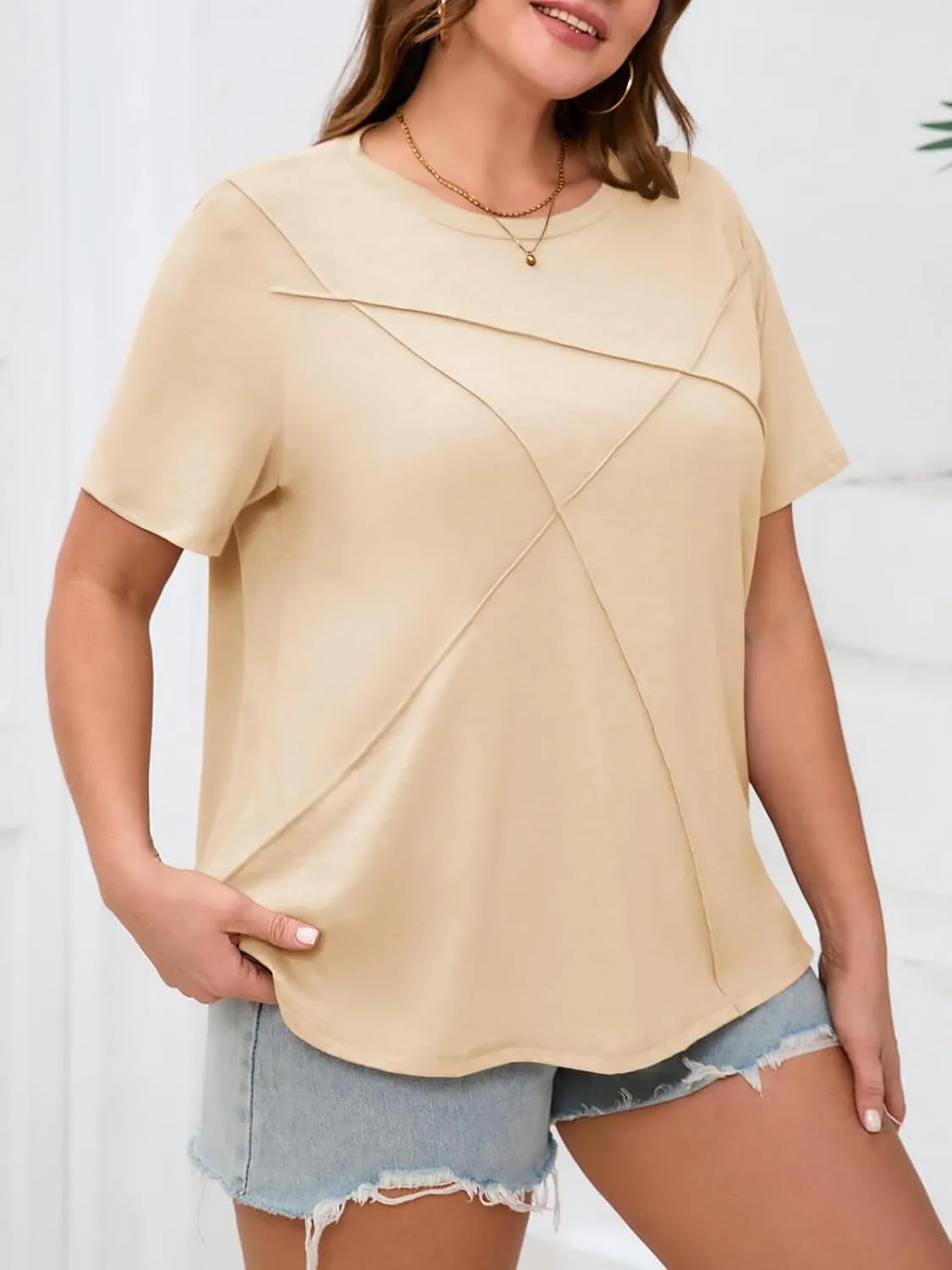 Fisoew Womens Plus Size Short Sleeve T Shirts Summer Casual Loose Fit Tees Crew Neck Curvy Tunic Tops