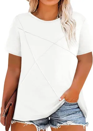 Fisoew Womens Plus Size Short Sleeve T Shirts Summer Casual Loose Fit Tees Crew Neck Curvy Tunic Tops