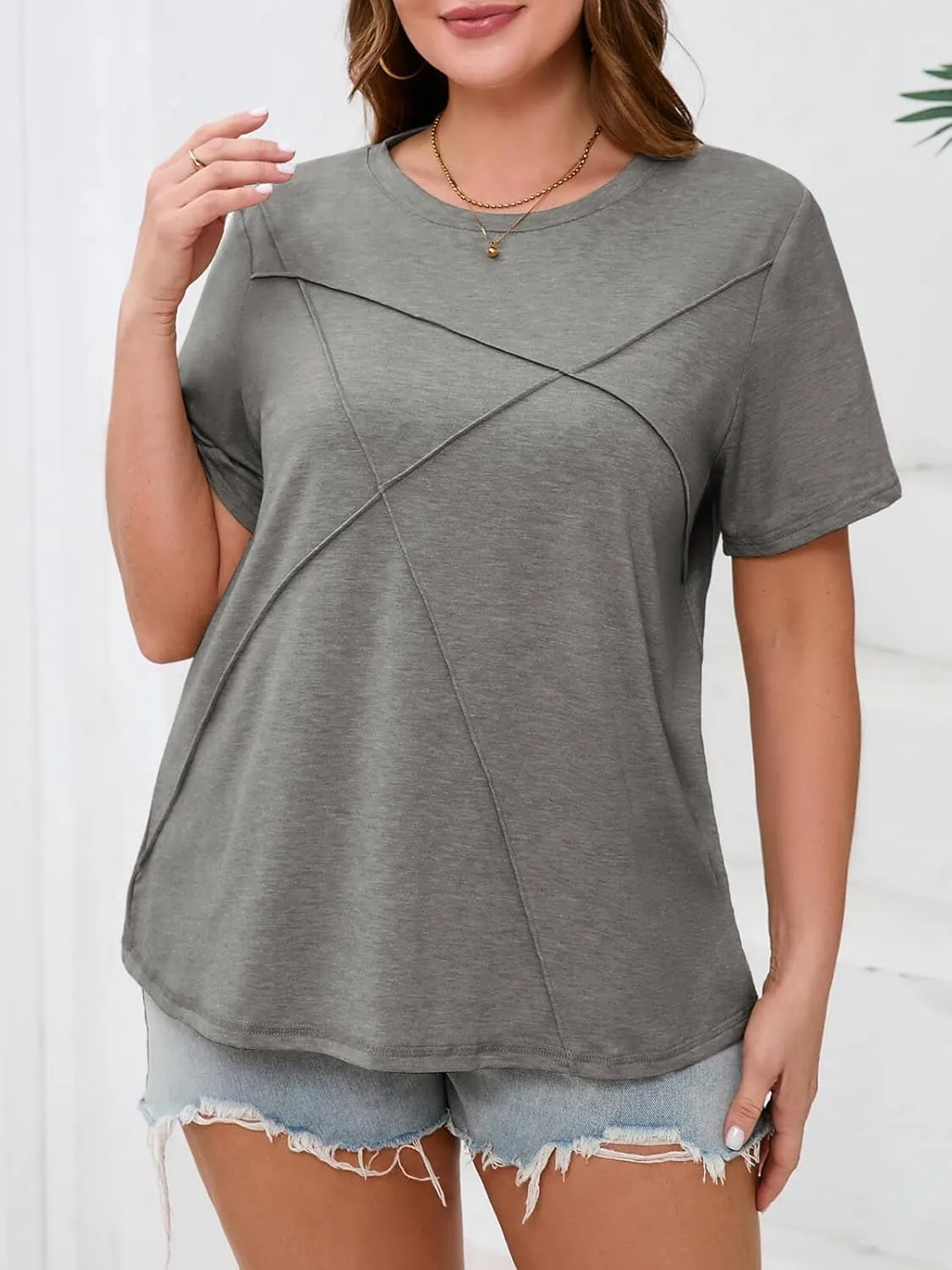 Fisoew Womens Plus Size Short Sleeve T Shirts Summer Casual Loose Fit Tees Crew Neck Curvy Tunic Tops