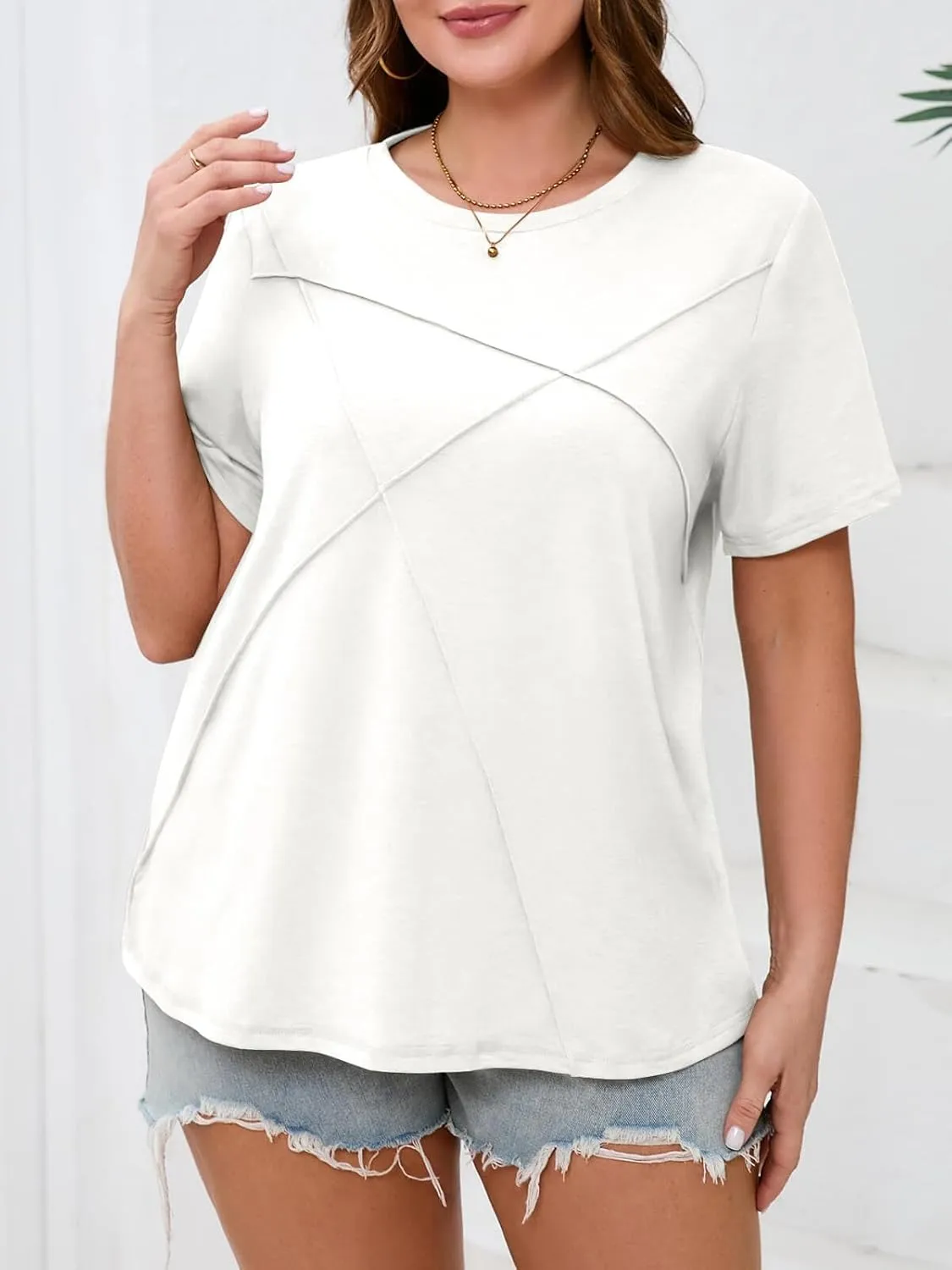 Fisoew Womens Plus Size Short Sleeve T Shirts Summer Casual Loose Fit Tees Crew Neck Curvy Tunic Tops