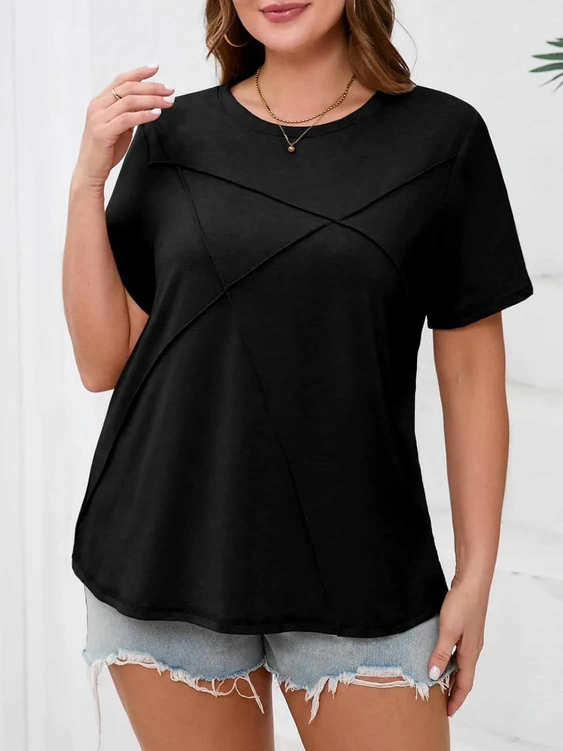 Fisoew Womens Plus Size Short Sleeve T Shirts Summer Casual Loose Fit Tees Crew Neck Curvy Tunic Tops