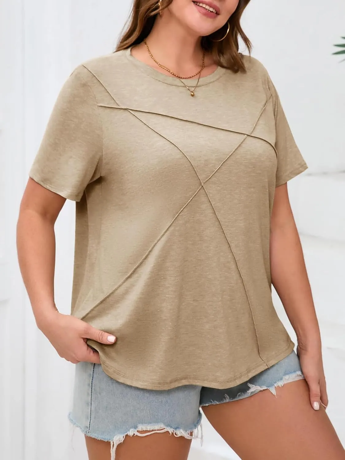 Fisoew Womens Plus Size Short Sleeve T Shirts Summer Casual Loose Fit Tees Crew Neck Curvy Tunic Tops