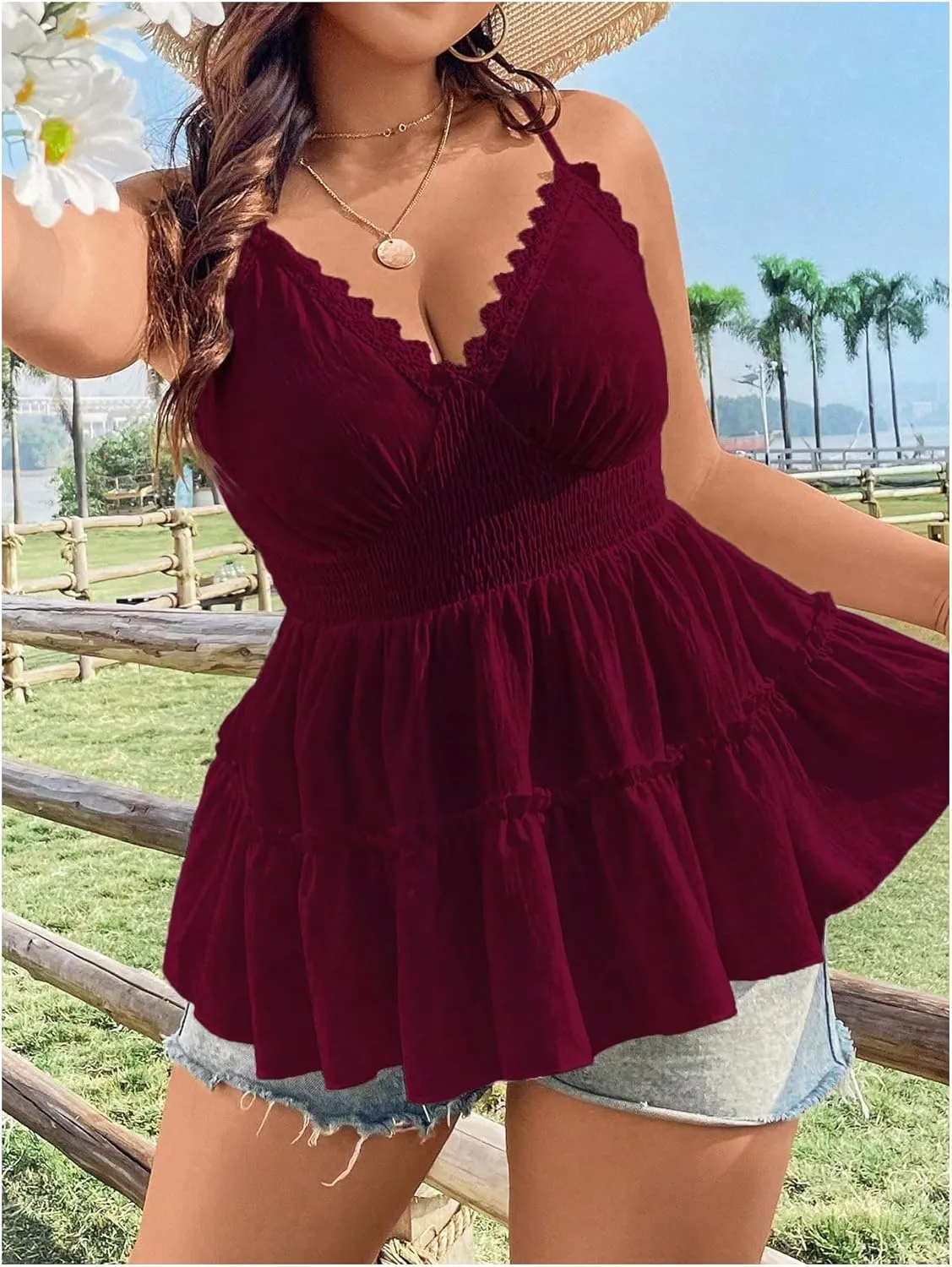 Floerns Women's Plus Size Ruffle Hem Camisole Lace Trim V Neck Shirred Cami Tops
