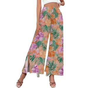 Floral Wide Leg Pants Women Elastic Waist Summer Beach Pant Side Slit Flowy Boho Trouser Tropical Lounge Baggy Jogger