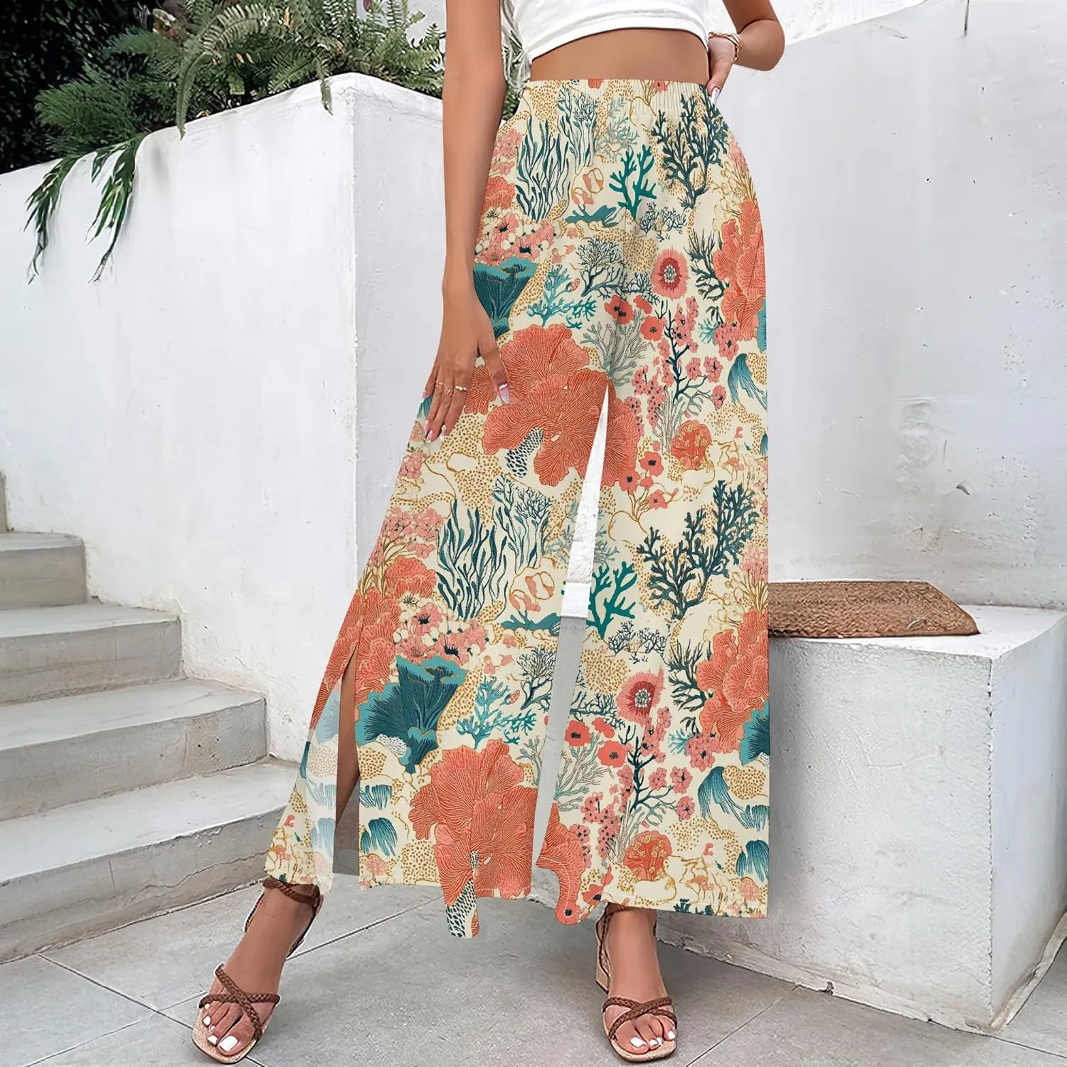 Floral Wide Leg Pants Women Elastic Waist Summer Beach Pant Side Slit Flowy Boho Trouser Tropical Lounge Baggy Jogger