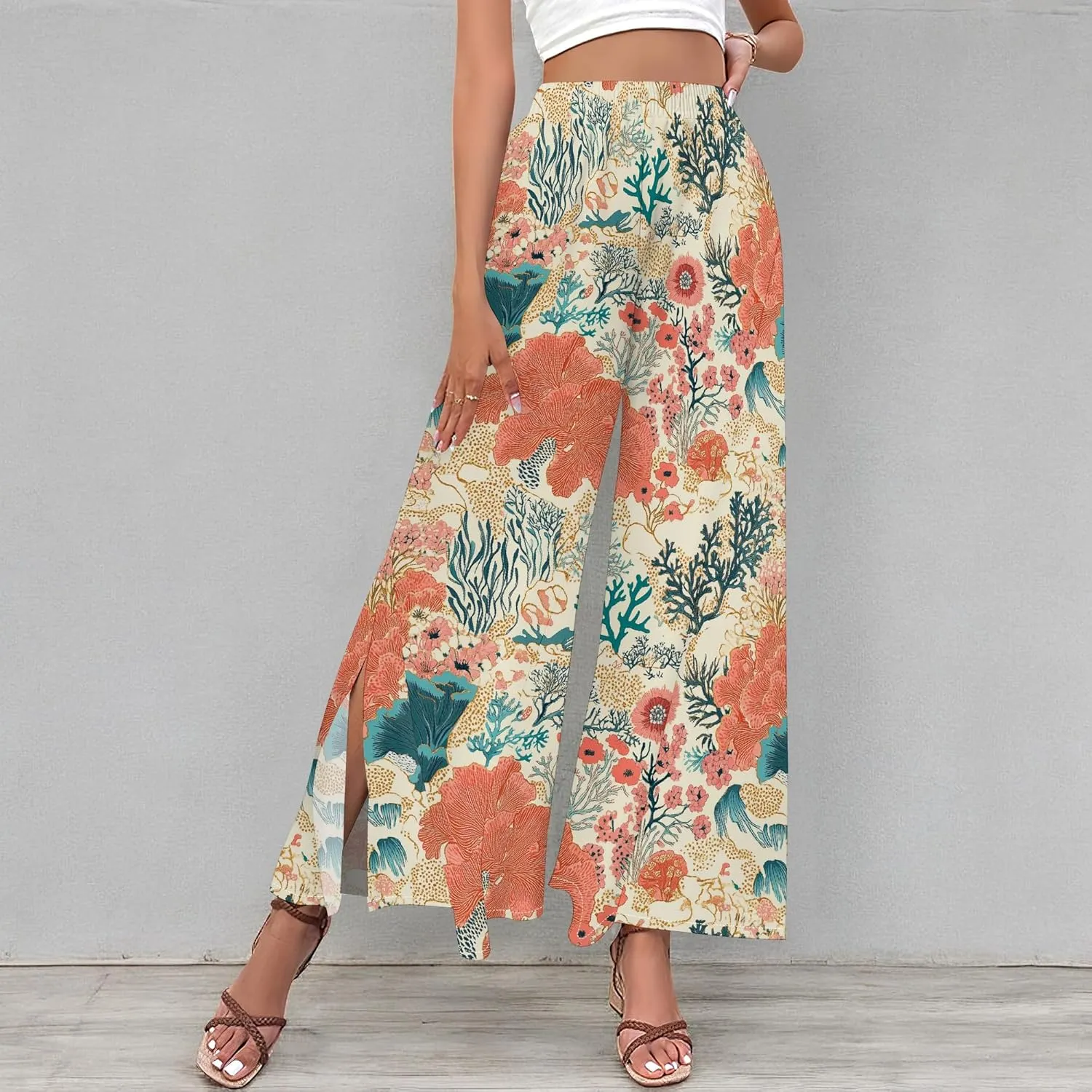 Floral Wide Leg Pants Women Elastic Waist Summer Beach Pant Side Slit Flowy Boho Trouser Tropical Lounge Baggy Jogger
