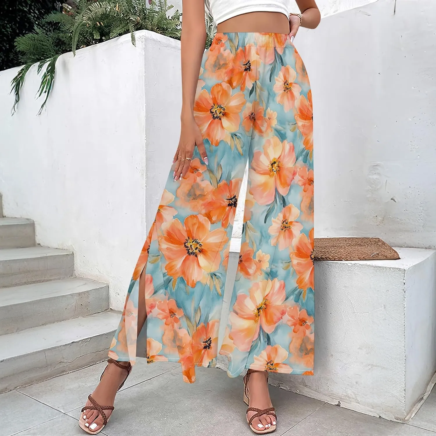 Floral Wide Leg Pants Women Elastic Waist Summer Beach Pant Side Slit Flowy Boho Trouser Tropical Lounge Baggy Jogger
