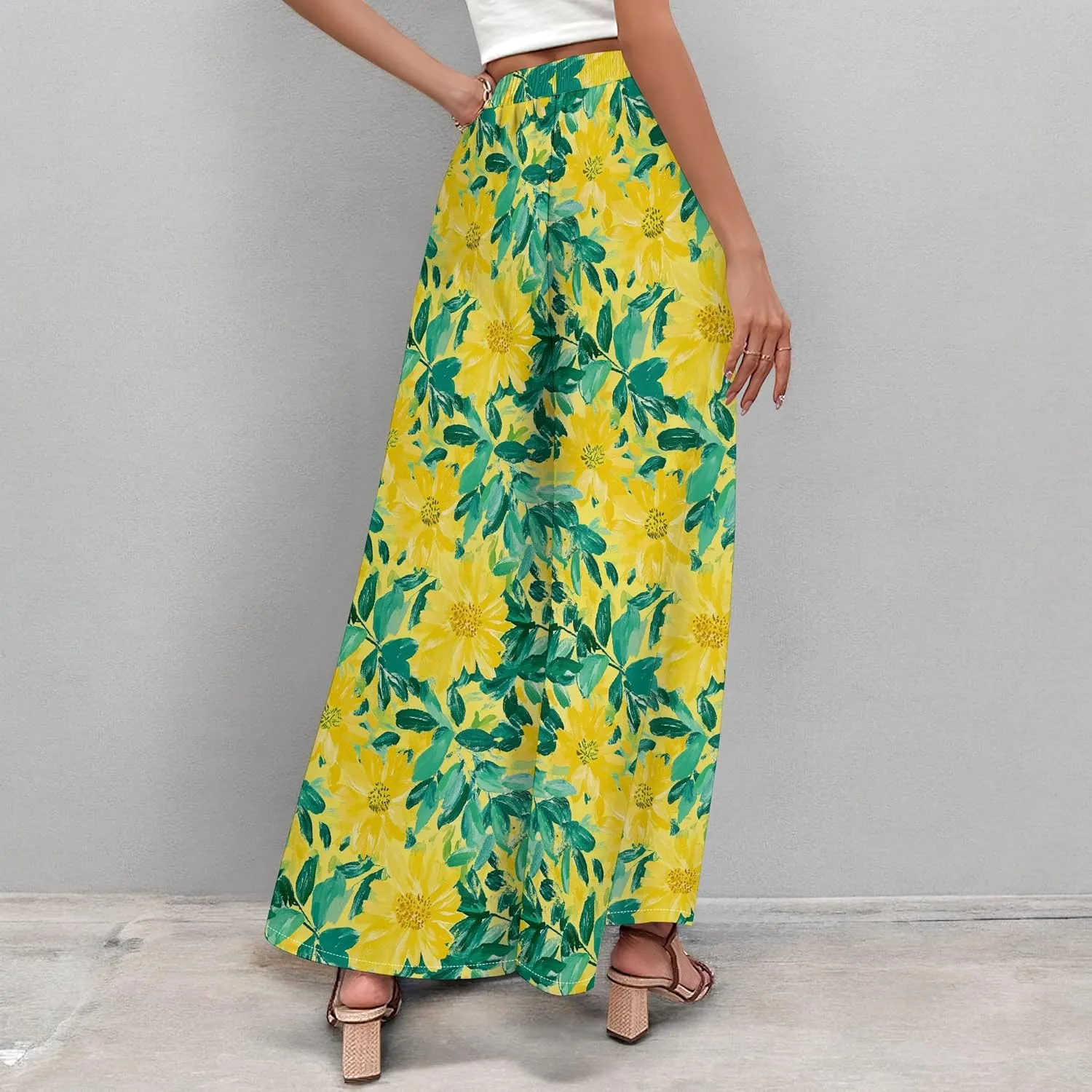 Floral Wide Leg Pants Women Elastic Waist Summer Beach Pant Side Slit Flowy Boho Trouser Tropical Lounge Baggy Jogger
