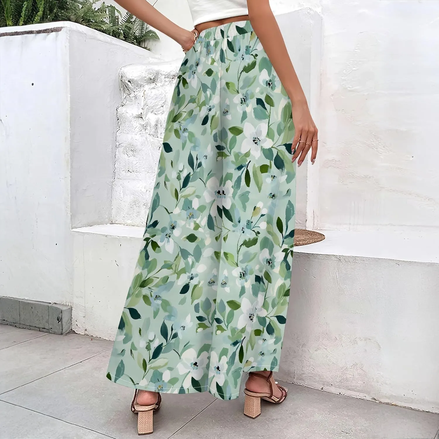 Floral Wide Leg Pants Women Elastic Waist Summer Beach Pant Side Slit Flowy Boho Trouser Tropical Lounge Baggy Jogger