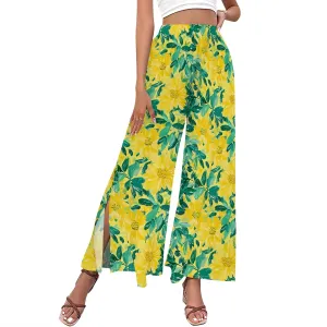 Floral Wide Leg Pants Women Elastic Waist Summer Beach Pant Side Slit Flowy Boho Trouser Tropical Lounge Baggy Jogger