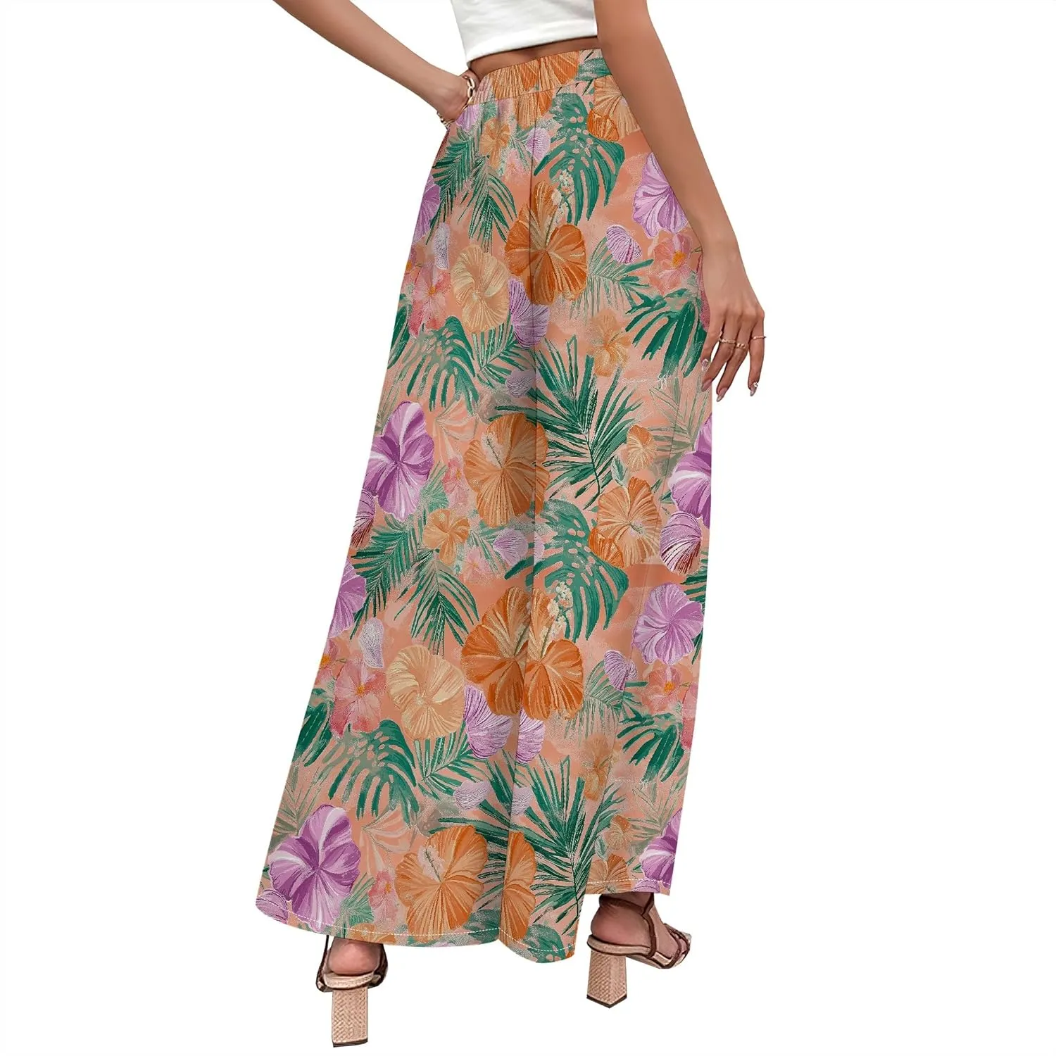 Floral Wide Leg Pants Women Elastic Waist Summer Beach Pant Side Slit Flowy Boho Trouser Tropical Lounge Baggy Jogger