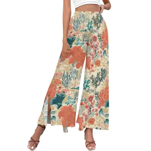 Floral Wide Leg Pants Women Elastic Waist Summer Beach Pant Side Slit Flowy Boho Trouser Tropical Lounge Baggy Jogger