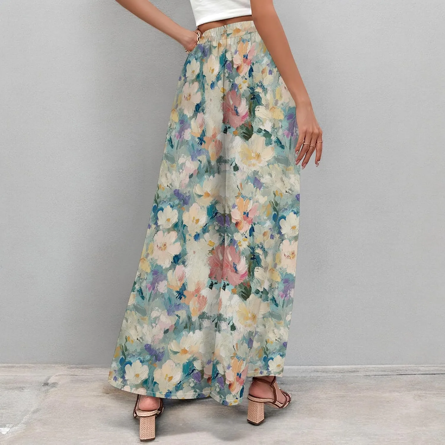 Floral Wide Leg Pants Women Elastic Waist Summer Beach Pant Side Slit Flowy Boho Trouser Tropical Lounge Baggy Jogger