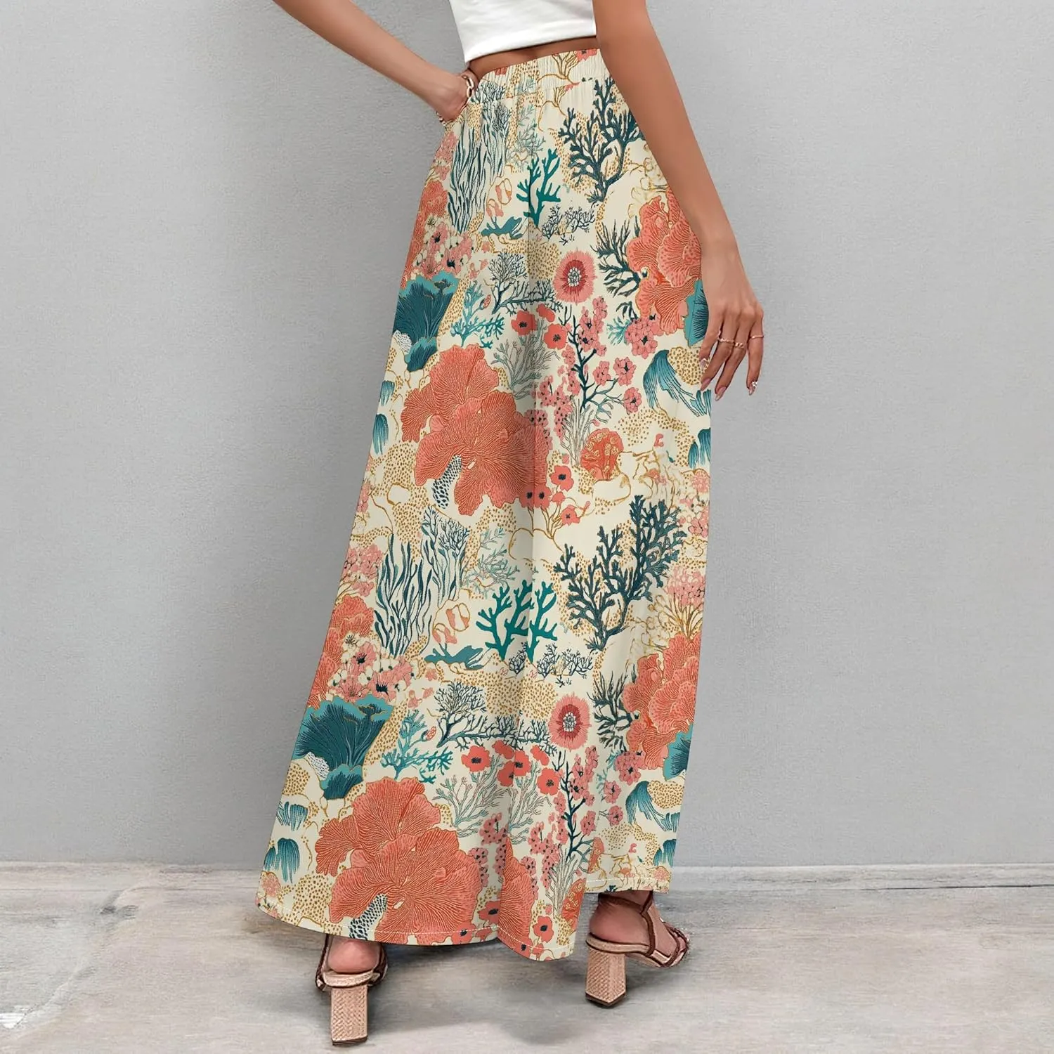 Floral Wide Leg Pants Women Elastic Waist Summer Beach Pant Side Slit Flowy Boho Trouser Tropical Lounge Baggy Jogger