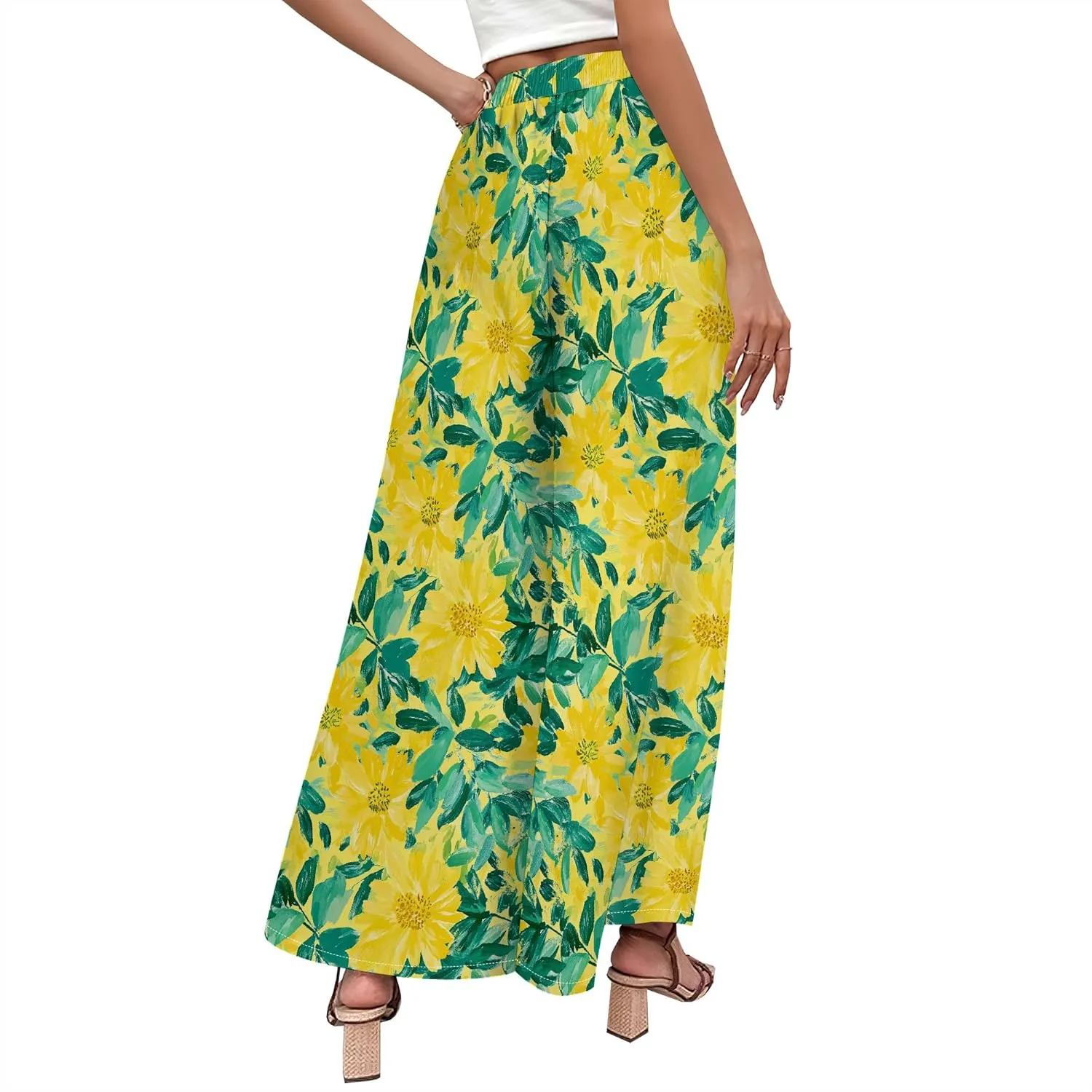 Floral Wide Leg Pants Women Elastic Waist Summer Beach Pant Side Slit Flowy Boho Trouser Tropical Lounge Baggy Jogger
