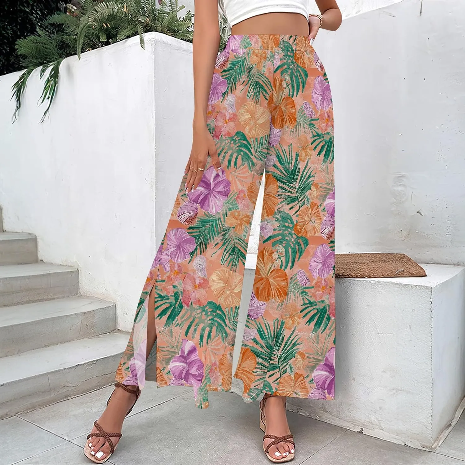 Floral Wide Leg Pants Women Elastic Waist Summer Beach Pant Side Slit Flowy Boho Trouser Tropical Lounge Baggy Jogger