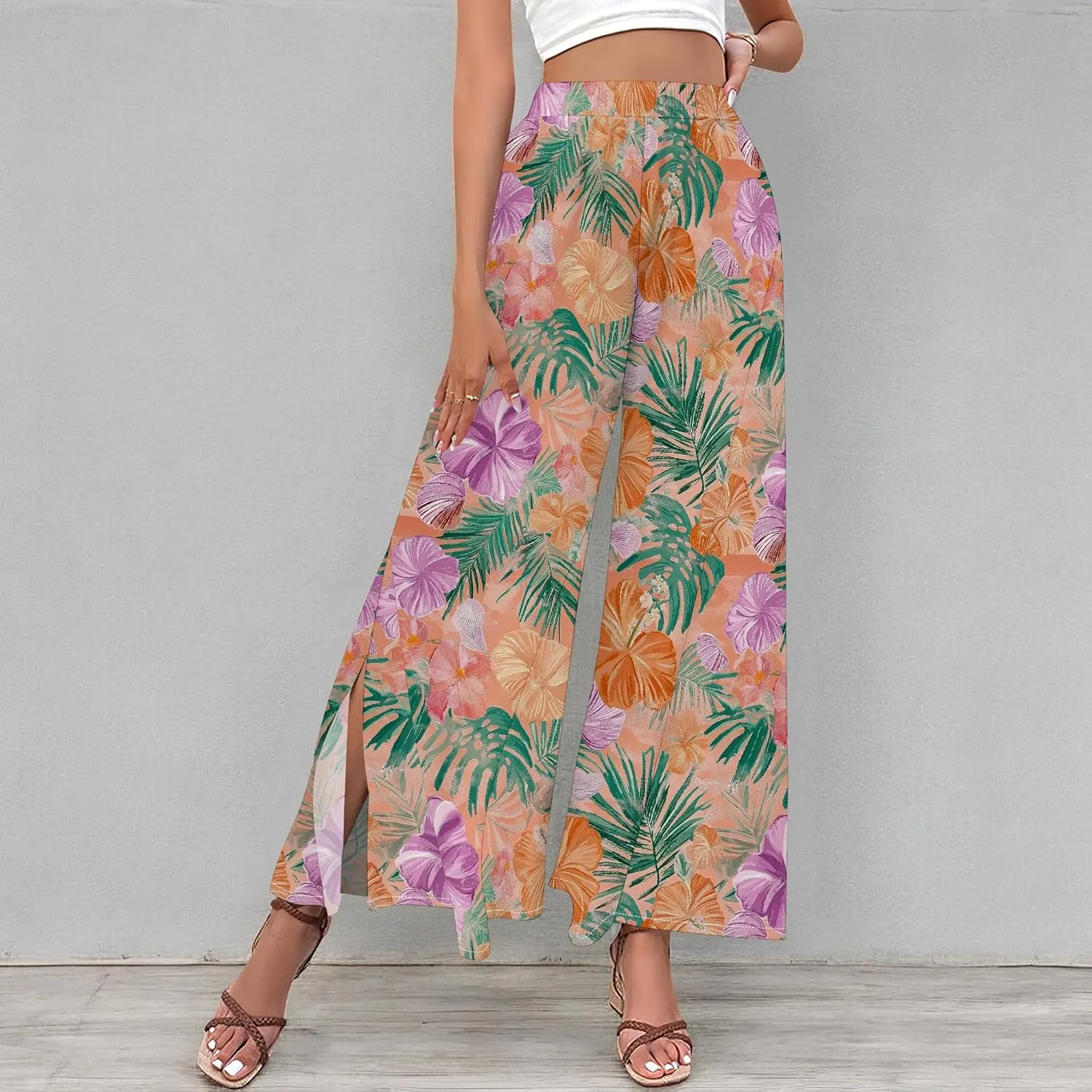 Floral Wide Leg Pants Women Elastic Waist Summer Beach Pant Side Slit Flowy Boho Trouser Tropical Lounge Baggy Jogger
