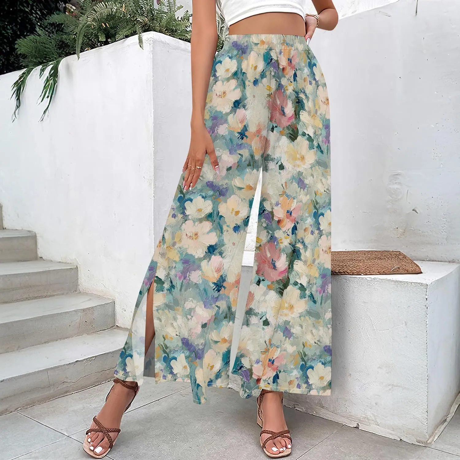 Floral Wide Leg Pants Women Elastic Waist Summer Beach Pant Side Slit Flowy Boho Trouser Tropical Lounge Baggy Jogger