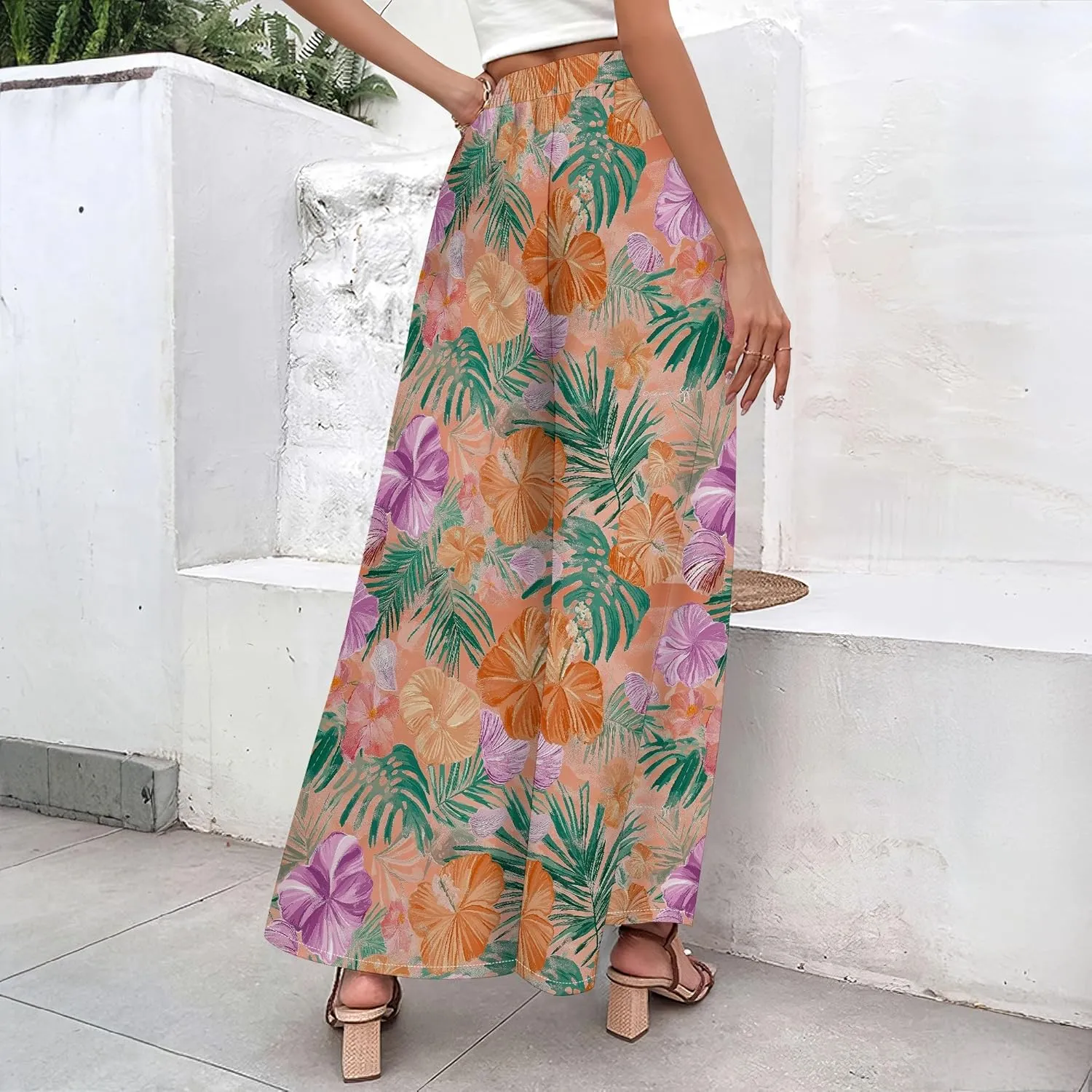 Floral Wide Leg Pants Women Elastic Waist Summer Beach Pant Side Slit Flowy Boho Trouser Tropical Lounge Baggy Jogger