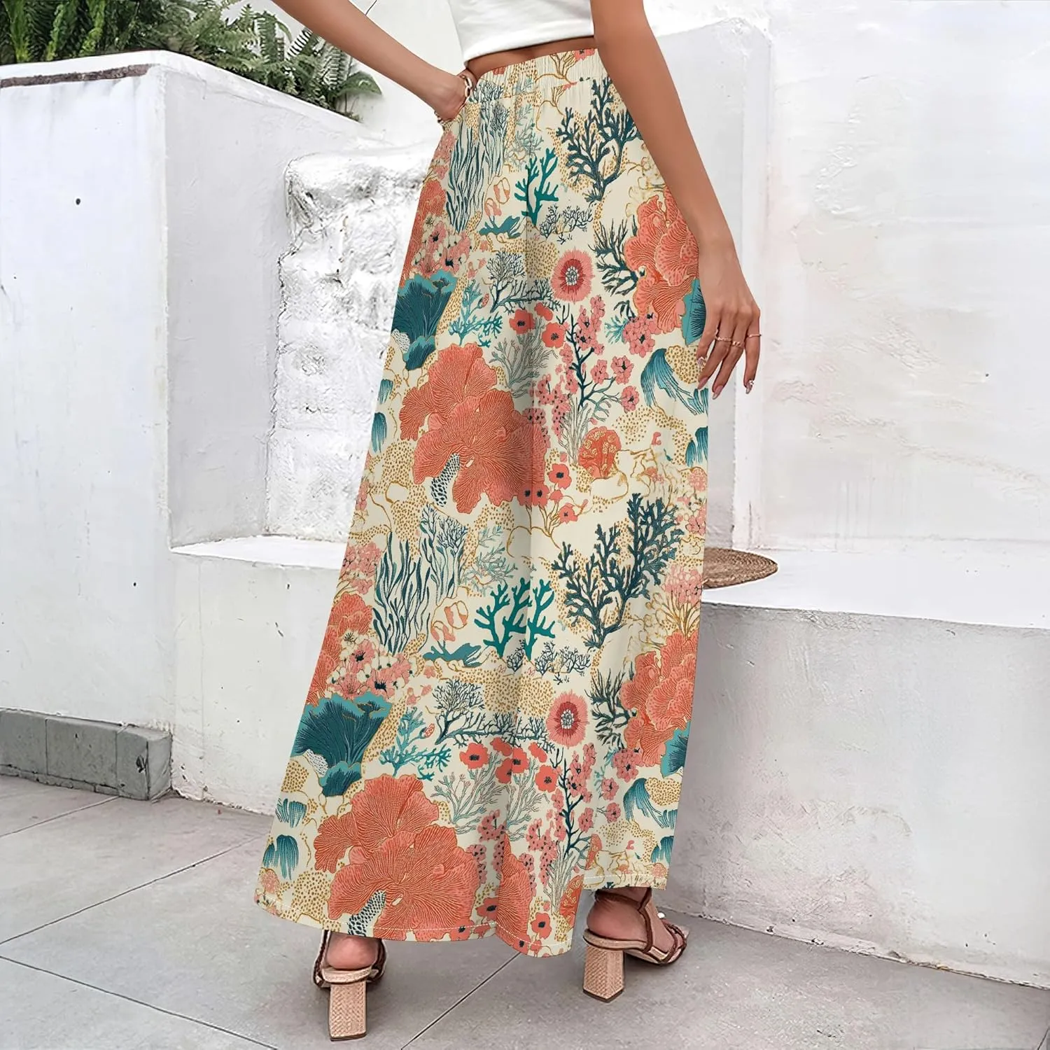 Floral Wide Leg Pants Women Elastic Waist Summer Beach Pant Side Slit Flowy Boho Trouser Tropical Lounge Baggy Jogger