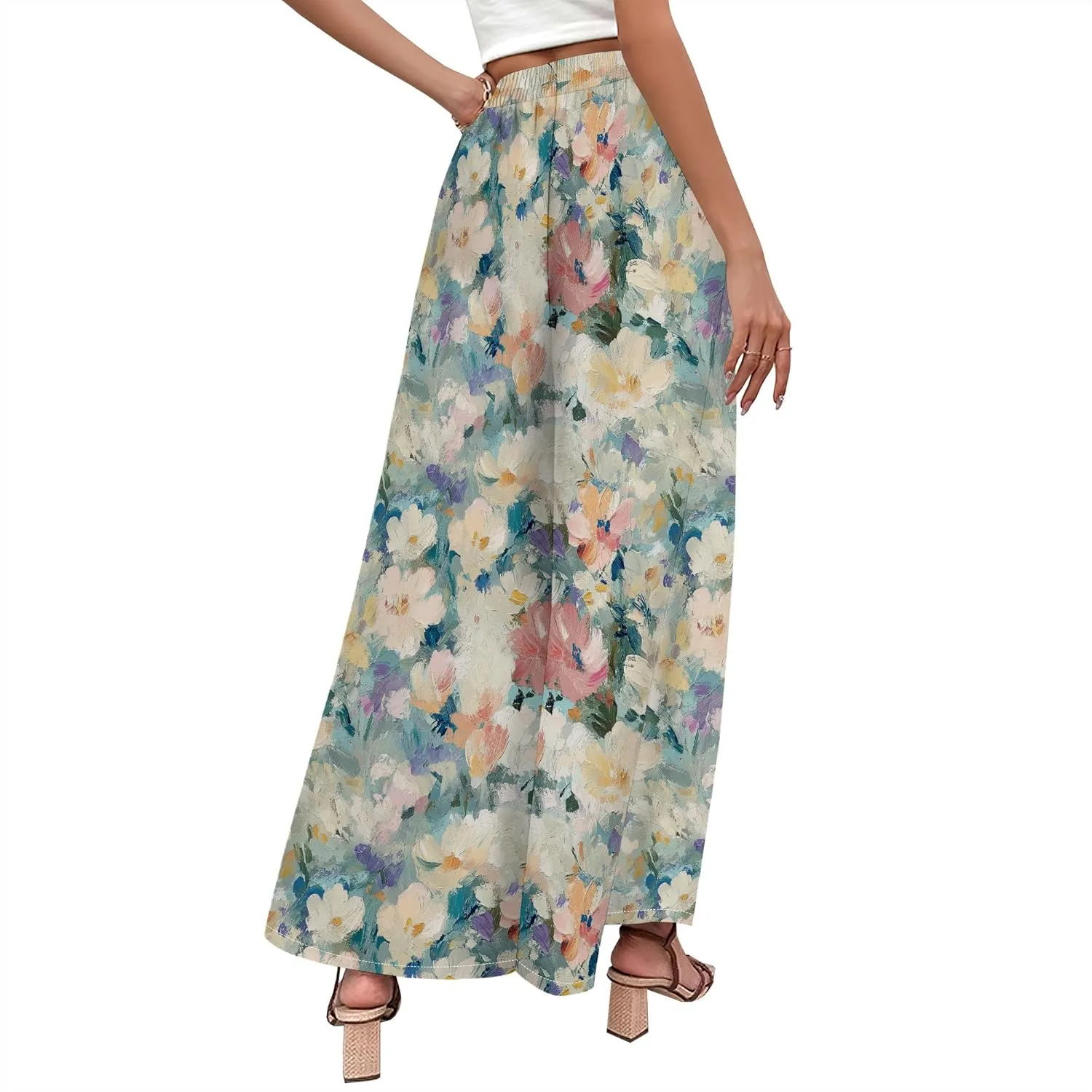 Floral Wide Leg Pants Women Elastic Waist Summer Beach Pant Side Slit Flowy Boho Trouser Tropical Lounge Baggy Jogger