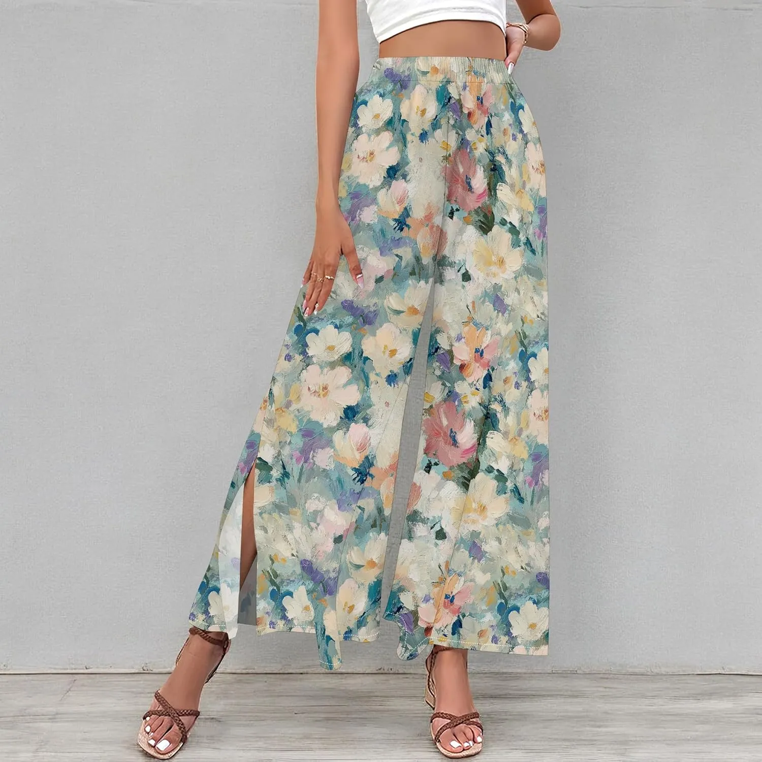 Floral Wide Leg Pants Women Elastic Waist Summer Beach Pant Side Slit Flowy Boho Trouser Tropical Lounge Baggy Jogger