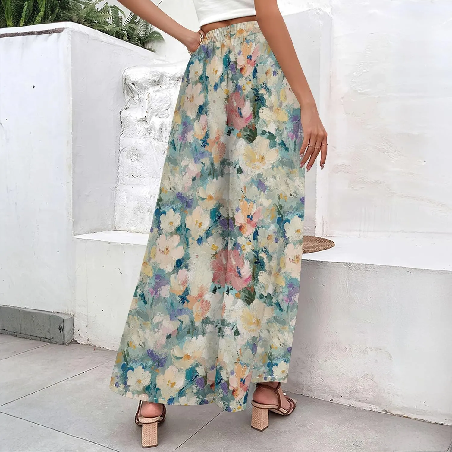 Floral Wide Leg Pants Women Elastic Waist Summer Beach Pant Side Slit Flowy Boho Trouser Tropical Lounge Baggy Jogger